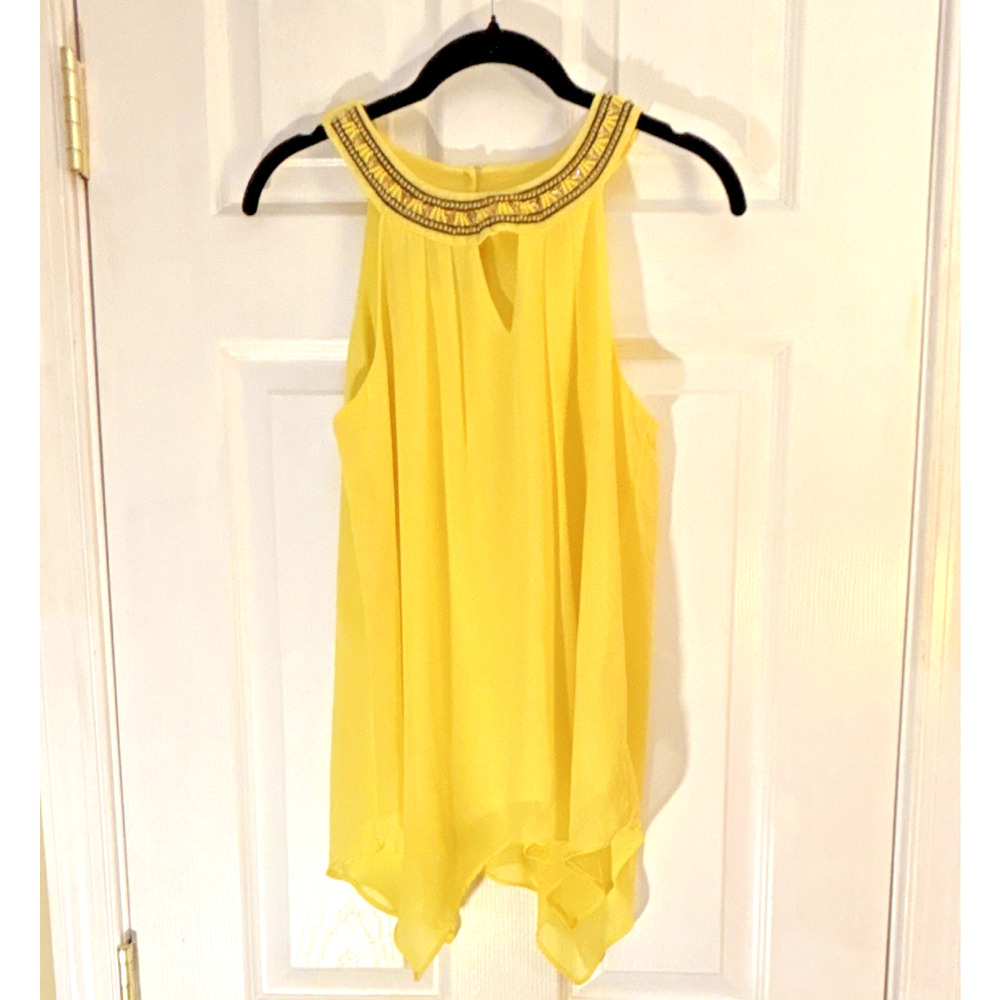 By & By Beaded Chiffon Halter Blouse Yellow Sleeveless Beaded neckline S Women